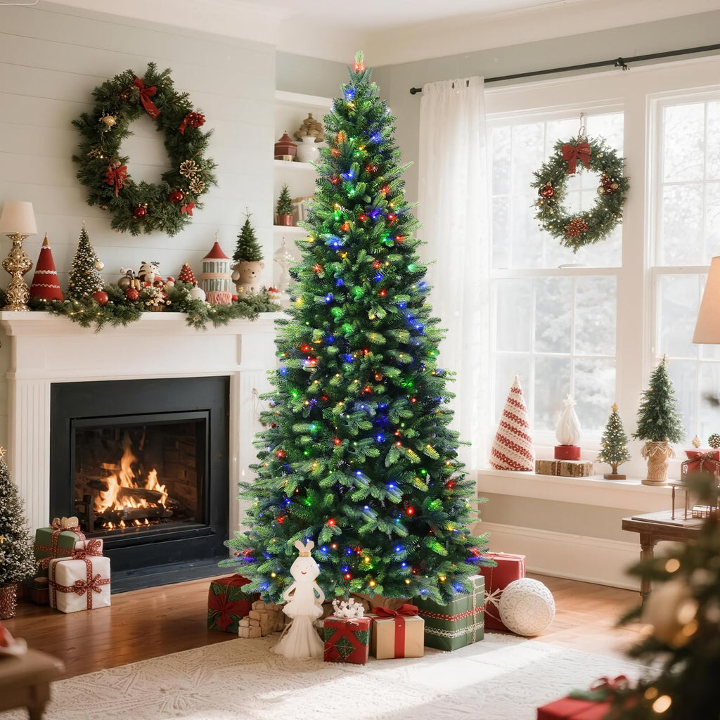 360° Rotating Prelit Christmas Tree - 6.5ft Musical Pencil Christmas Tree with Remote Control, 872 PE & PVC Mixed