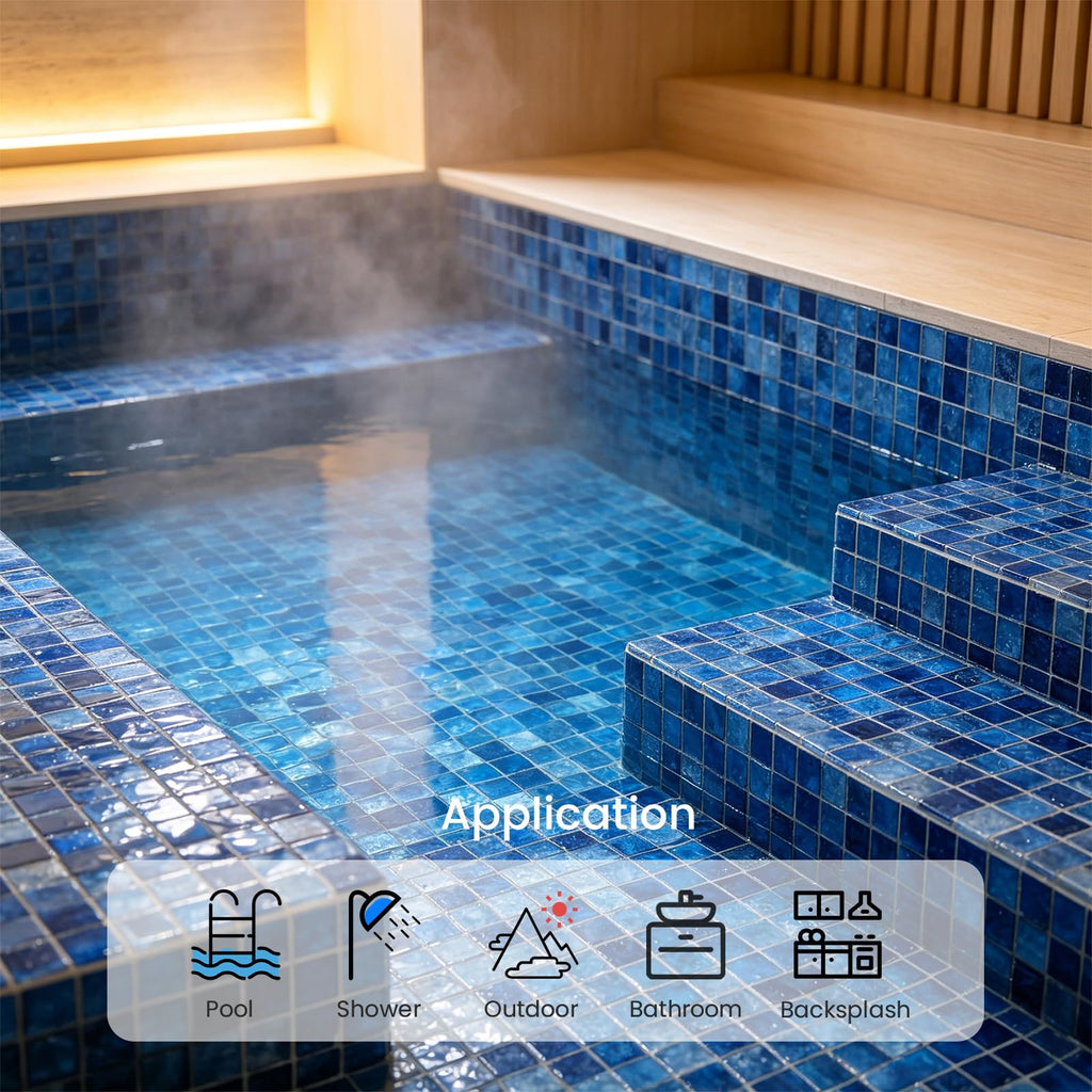 Glass Mosaic Tiles Backsplash, 12" x 12" Dark Blue 3D Wave Texture Square Tiles for Swimming Pool Accent Wall