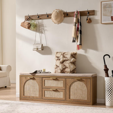 Rattan Narrow Entryway Bench with Shoe Storage, 4 Drawers & Coat Rack, Mid-Century Modern Wood Shoe Cabinet with Seat
