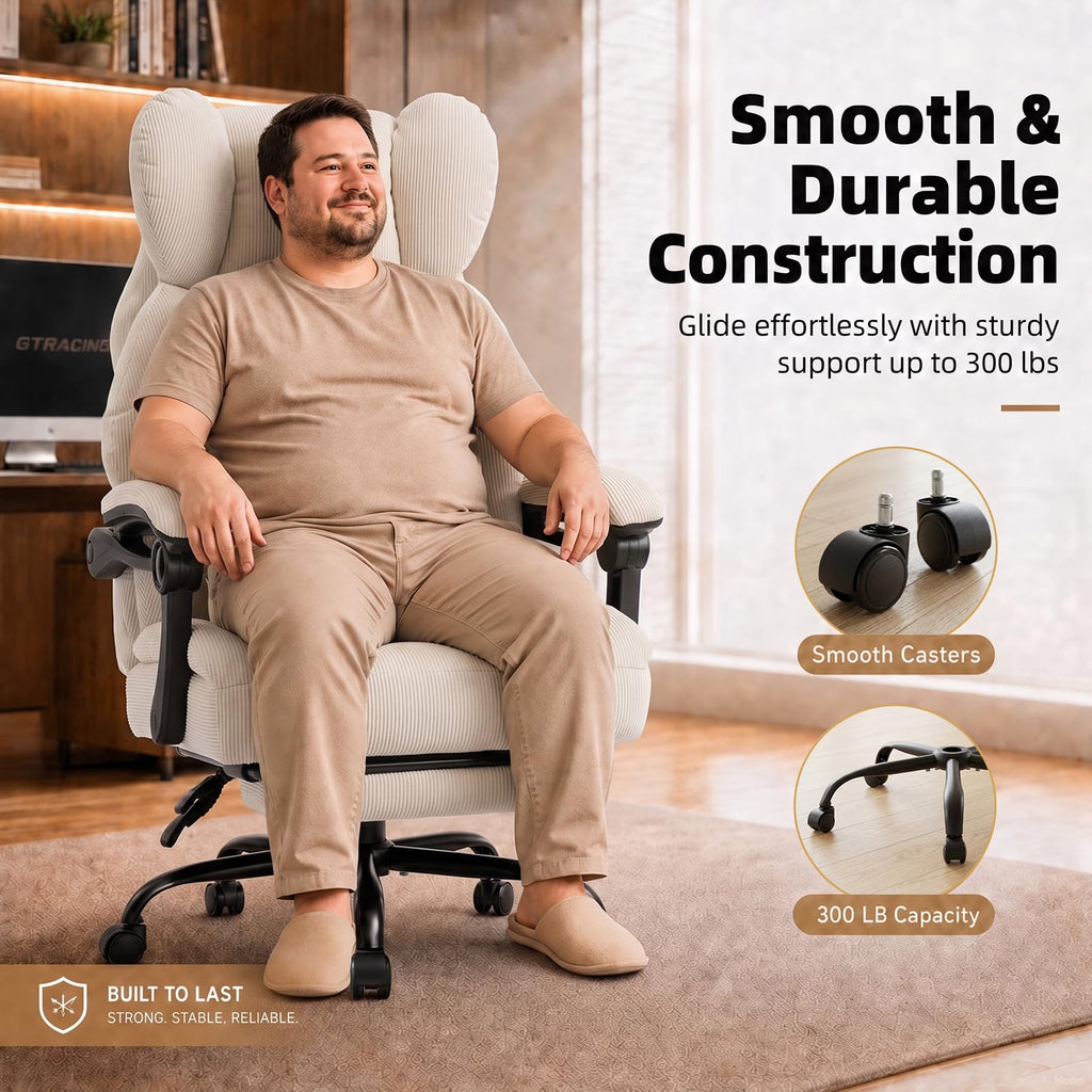 Big&Tall Ergonomic Gaming Chair, Wide Spring Seat, Linkage Armrest, White
