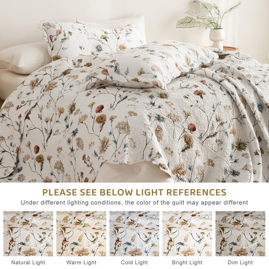 100% Cotton Floral Bedspread(120"x120"), Watercolor Wildflower Botanical Quilt Set 3Pcs Soft Neutral