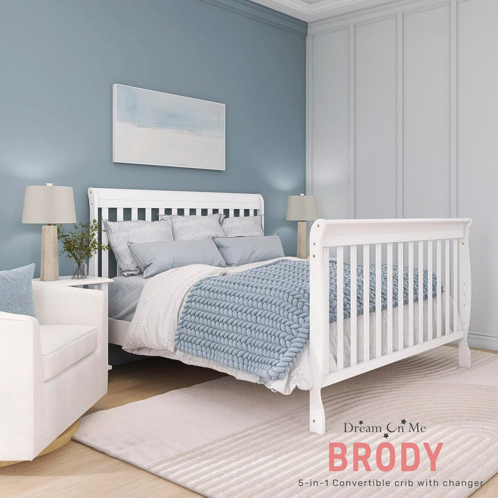Brody 5-in-1 Convertible Crib and Changer, GREENGUARD Gold | Detachable Changer, 3 Drawers, 3 Mattress Height