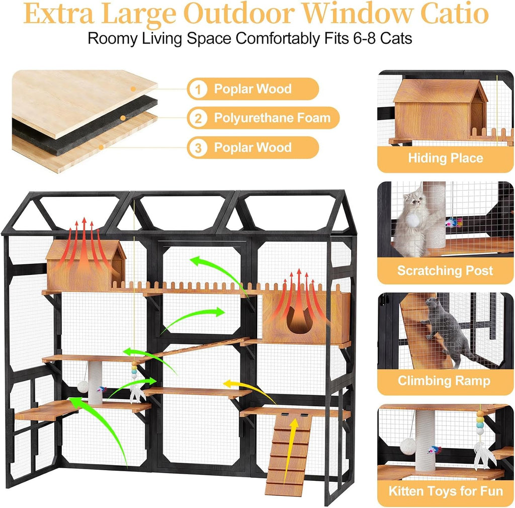 107" Large Outdoor Cat Enclosure with Plant Stands, Wooden Cat Patio with Ramps, Bridge, Outdoor Cat House, Sleeping