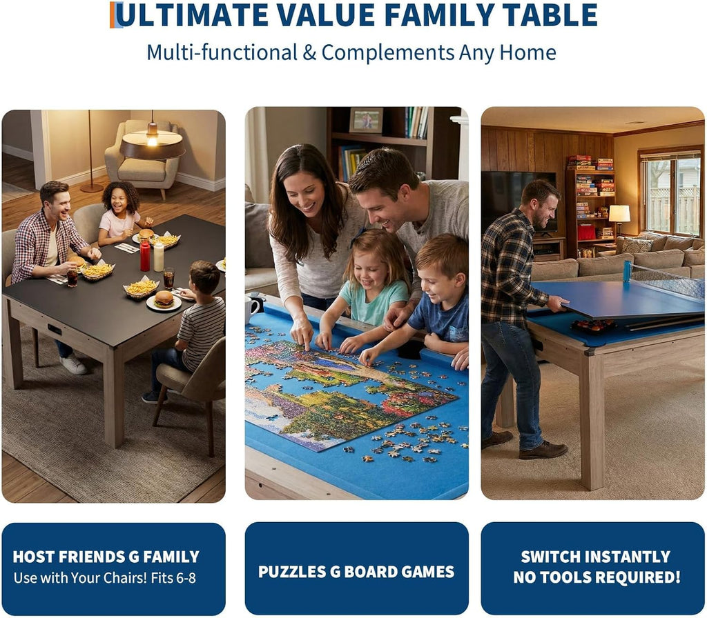 7 ft Pool Table Combo,3 in 1 Pool, Dining, & Table Tennis with Full Accessories,HDF Wood Grain Finish & Chrome Accents