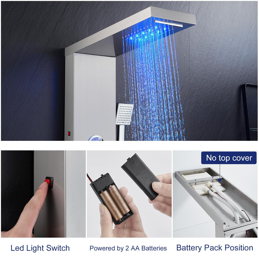 6-in-1 LED Rainfall Waterfall Shower Panel Tower System, Brushed