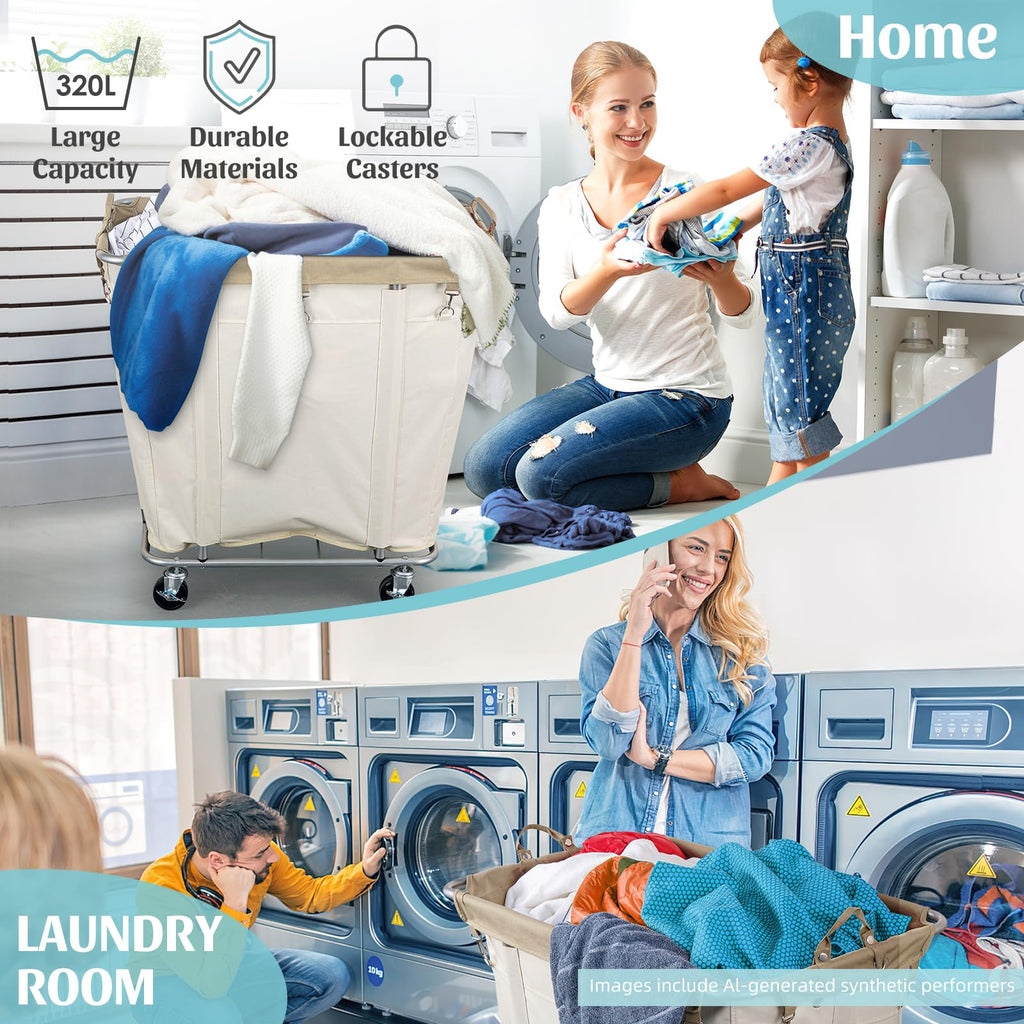 320L Rolling Laundry Cart with Wheels, Beige
