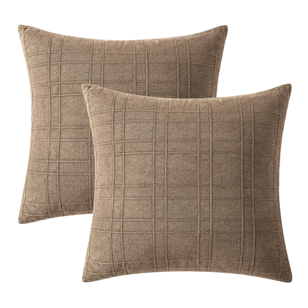 Linen Plaid Pillow Covers Fall Decorative 20x20 Light Brown