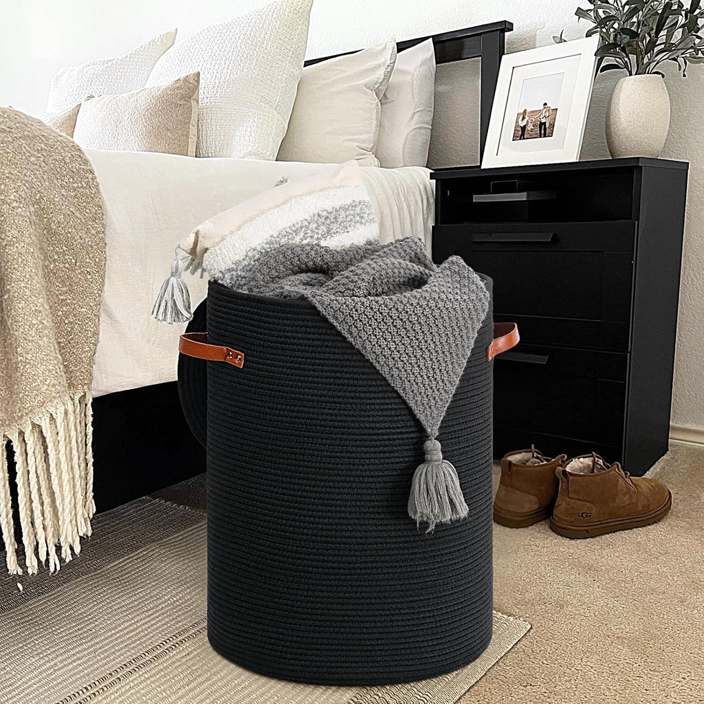 Large Woven Laundry Basket with Lid & Leather Handles, 60L, Black | 15" x 20" Tall Laundry Hamper, Storage Basket for