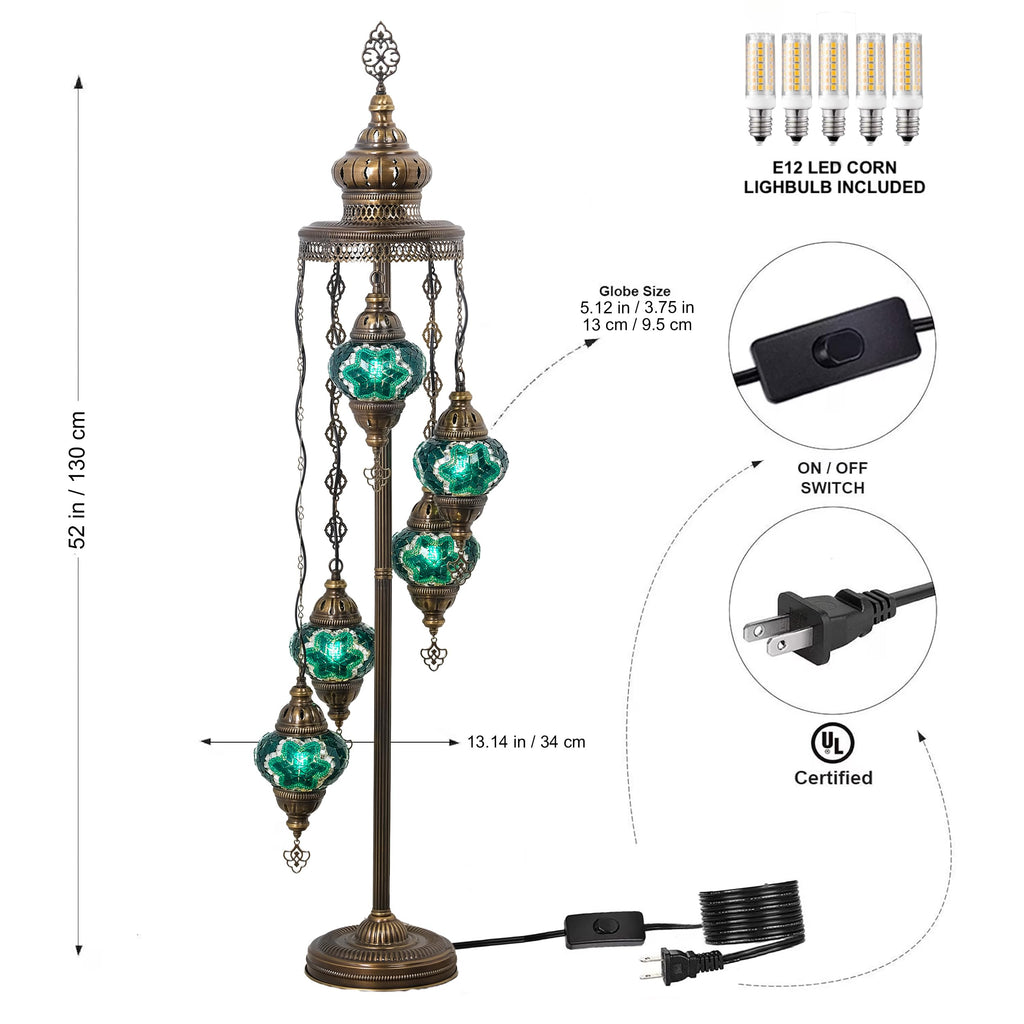 Turkish Mosaic Floor Lamp, 5 Globe Boho Lighting, Green