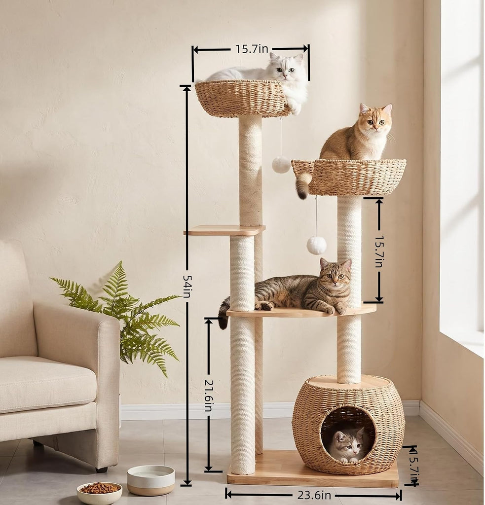 54in Wooden Cat Tree for Large Indoor Cats, Modern Tall Cat Tower