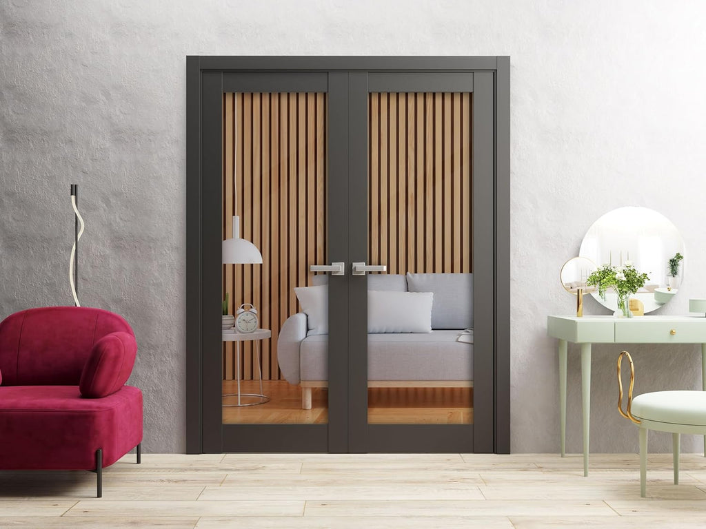 Lucia 2166 | Double Swing Interior French Doors with Glass, Solid Wood, Hardware Included, 84x96, Bl
