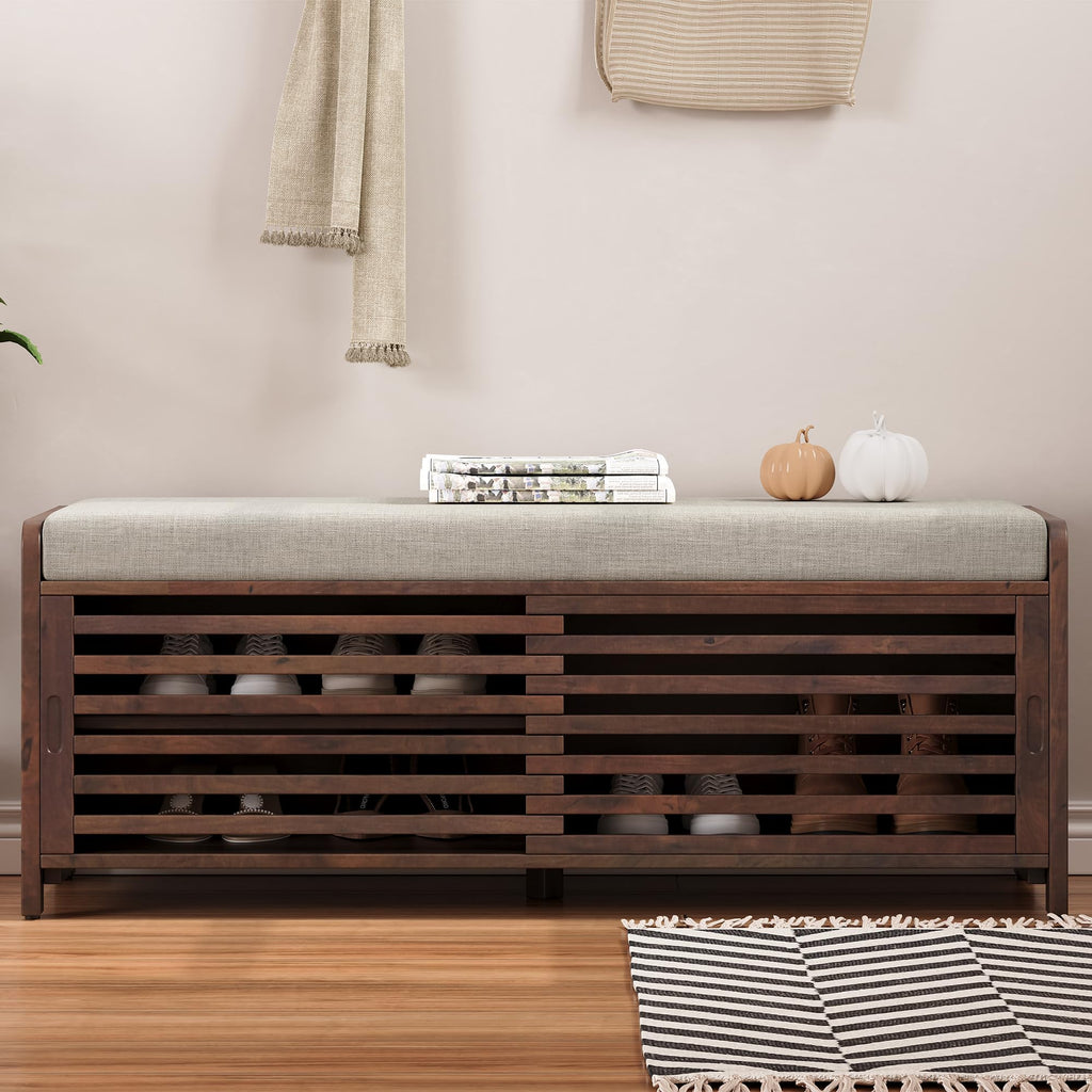 Shoe Bench with Storage and Cushion, Farmhouse Distressed Shutter Storage Bench with Retro Charm, Espresso