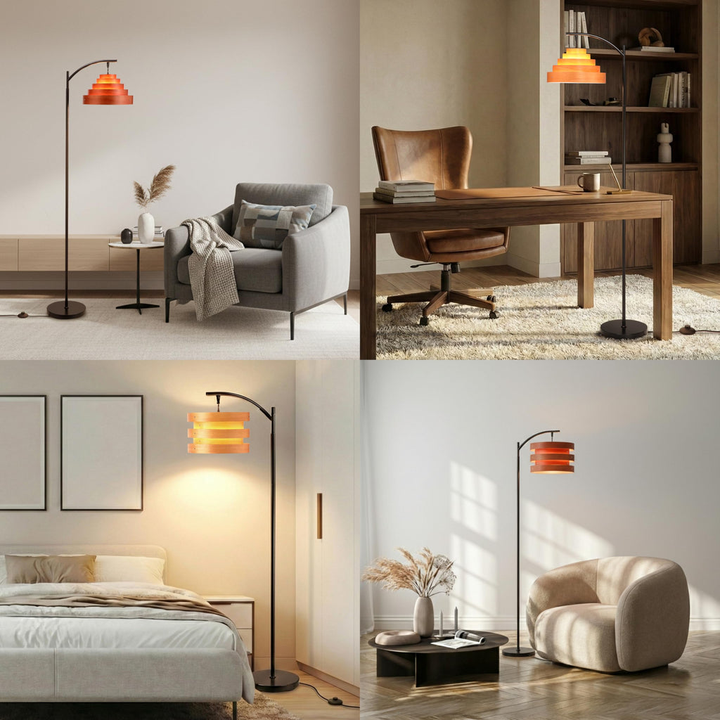 Strata Wooden Floor Lamp - Mid Century Modern Standing Lamp with Layered Wood Shade, Tall Reading Lamp, Black, Light