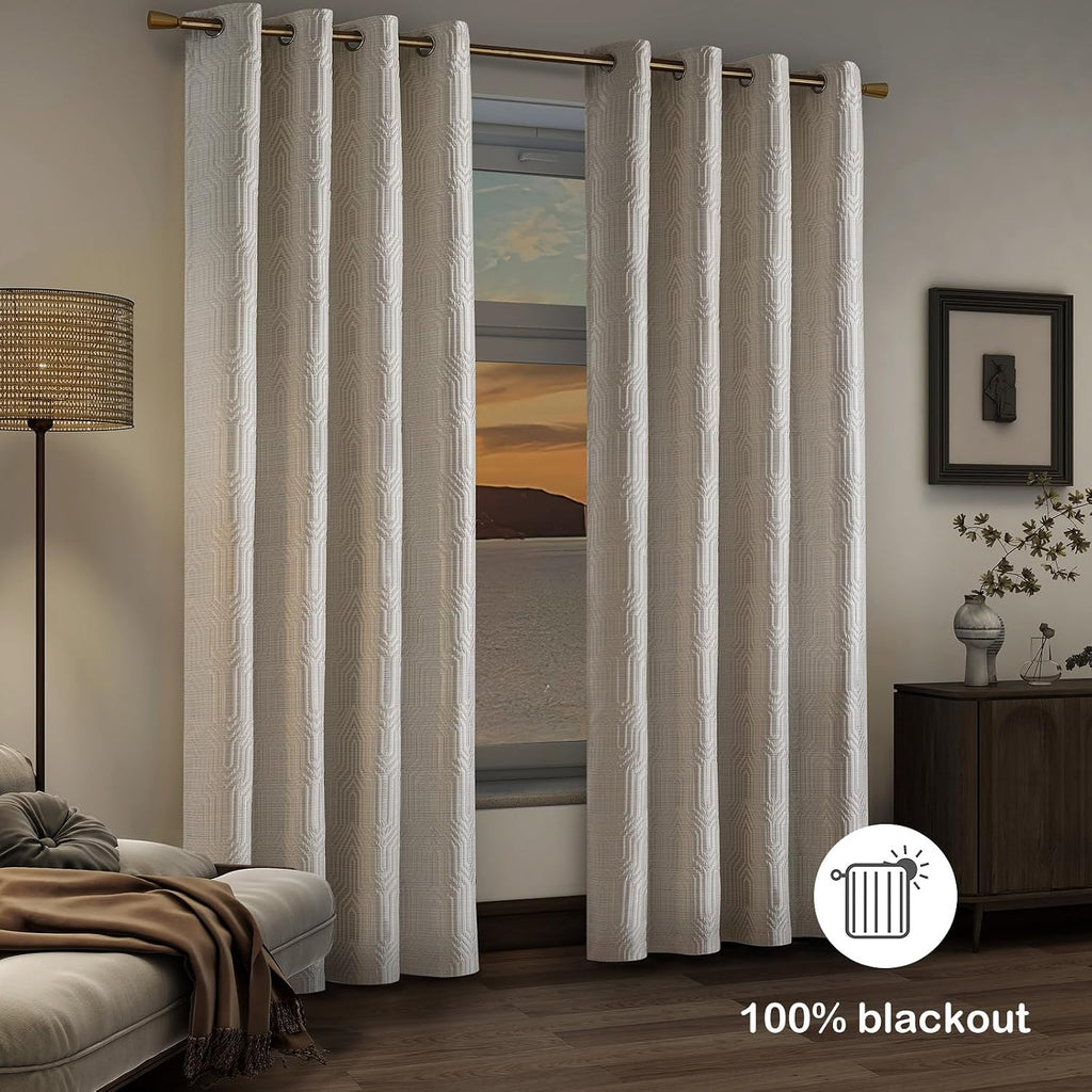 Beige and Silvery 100% Blackout Jacquard Geometric Pattern Curtains,52 Inch Wide 84 Inches Long 2 Panels, Thermal
