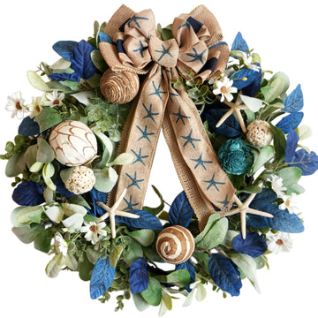 Coastal Wreath for Front Door 22 Inch Wreath with Starfish, Shells & Burlap Bow, Blue Green Sea Themed Wreaths Decor