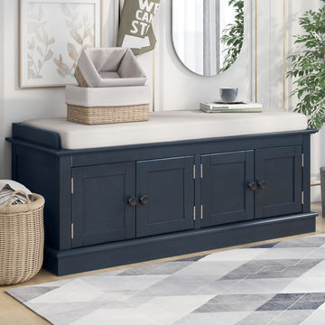 Farmhouse Storage Bench, Wood Storage Benches with Adjustable Shelves, Shoe Bench with Storage and Removable Cushion