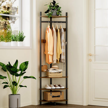 Corner Hall Tree with Shoe Rack Entryway Coat Rack with 6 Metal Movable Hooks Floor Standing Clothes Rack Organizer
