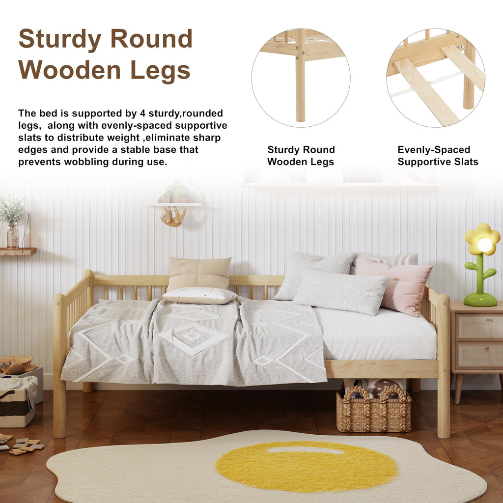 Natural Twin Pine Wood Daybed with 3-Side Guardrails