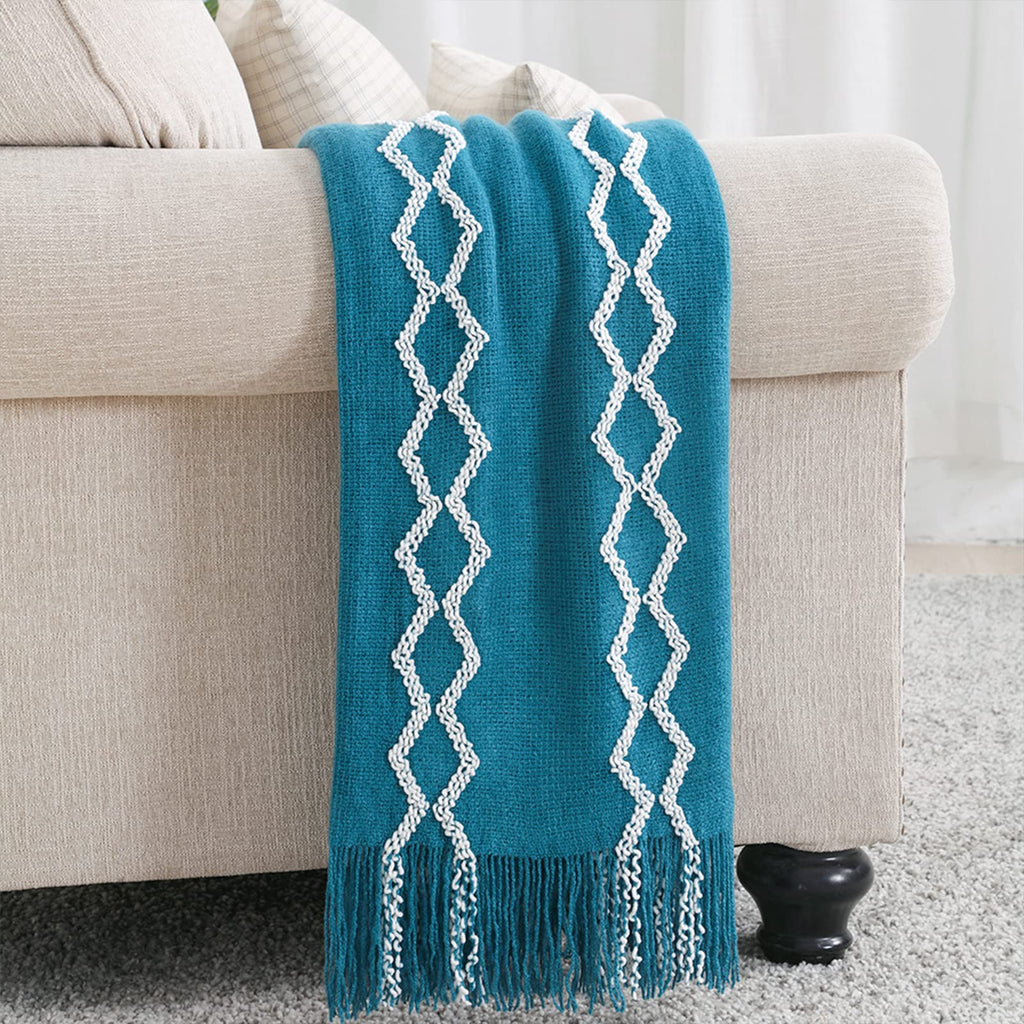 Knitted Throw Blanket Boho Chenille Outdoor Blanket, Teal 60x80Inch
