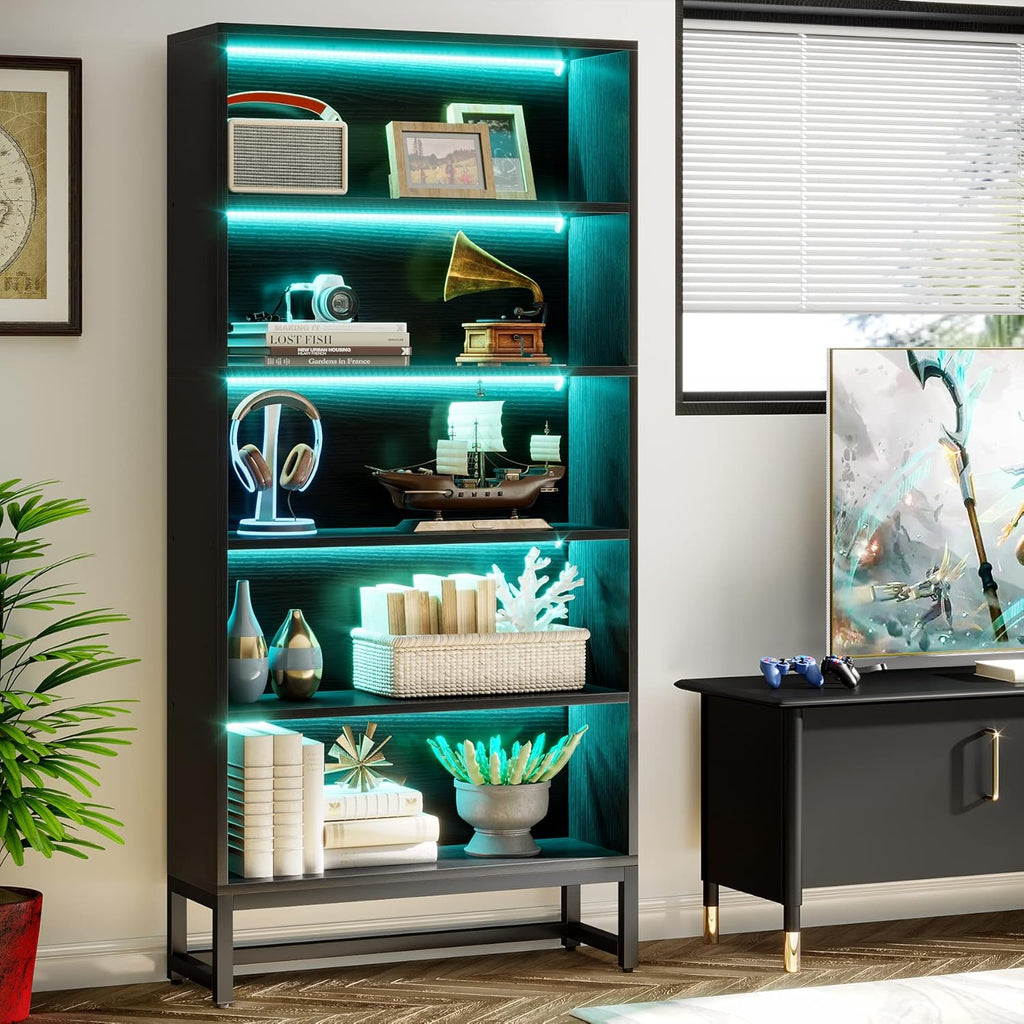 Tall Bookcase Black Bookshelf, 70.8” Large Bookcases Organizer with LED Lights
