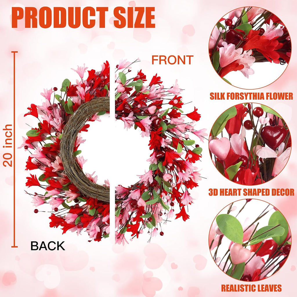 20in Valentine's Day Wreath Artificial Pink Red Forsythia Spring Summer Fake Silk Wreath with Heart Berries Green