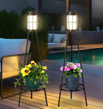 2 Pack Solar Lights with Plant Stand, Outdoor Floor Lamps, Waterproof Solar Powered Floor Lamps Deck Porch Yard