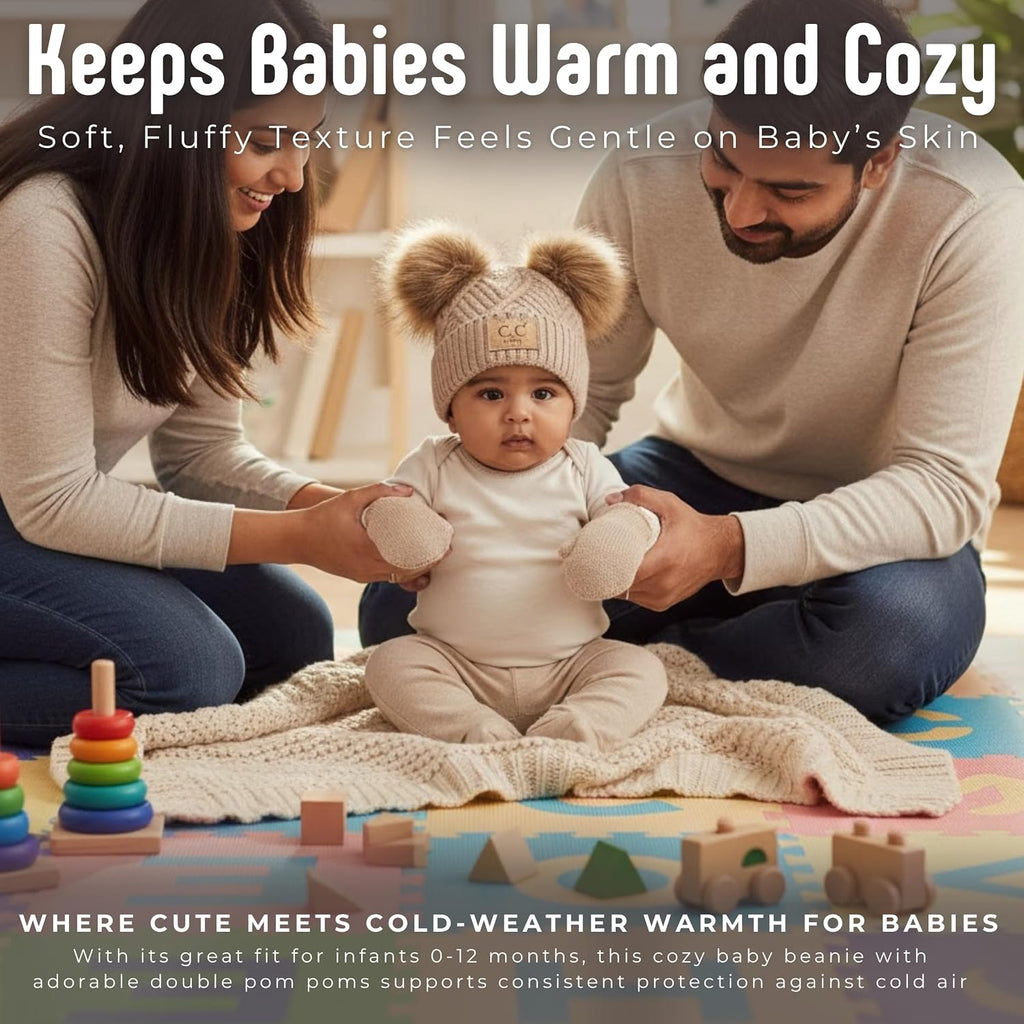 Baby Double Faux Fur Pom Pom Beanie & Mittens Set - Infant Winter Hat with Soft Lined Mittens