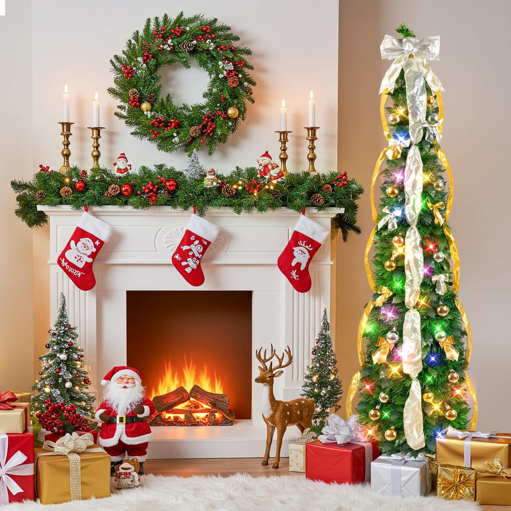 Pop Up Decorations Artificial Collapsible Tree with Lights 8Modes&Timer Predecorated Pencil Tinsel Tree Apartment