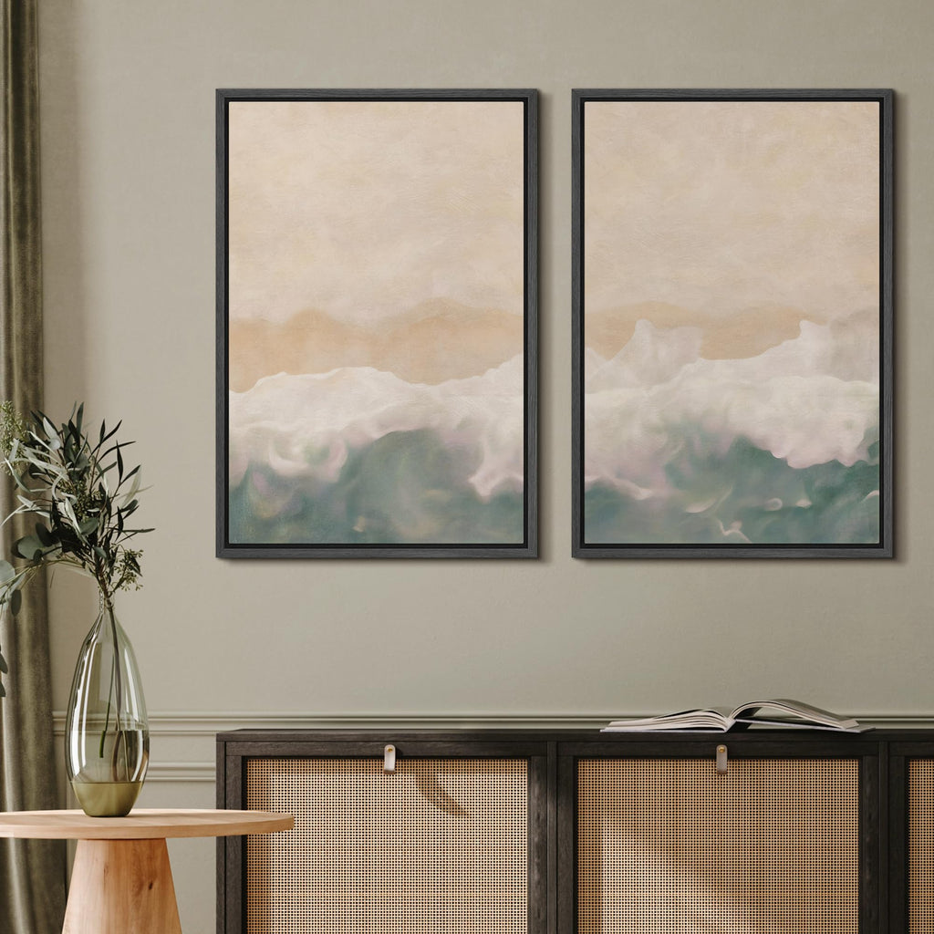 Framed Canvas Print Wall Art Set Soft Coastal Wave Abstract Pastel Illustrations Modern Art Decorative Bohemian