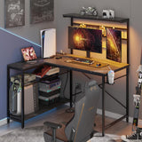 42 L Shaped Gaming Desk, Computer Desk with Power Outlets & LED Light, Reversible Corner Desk with Shelves