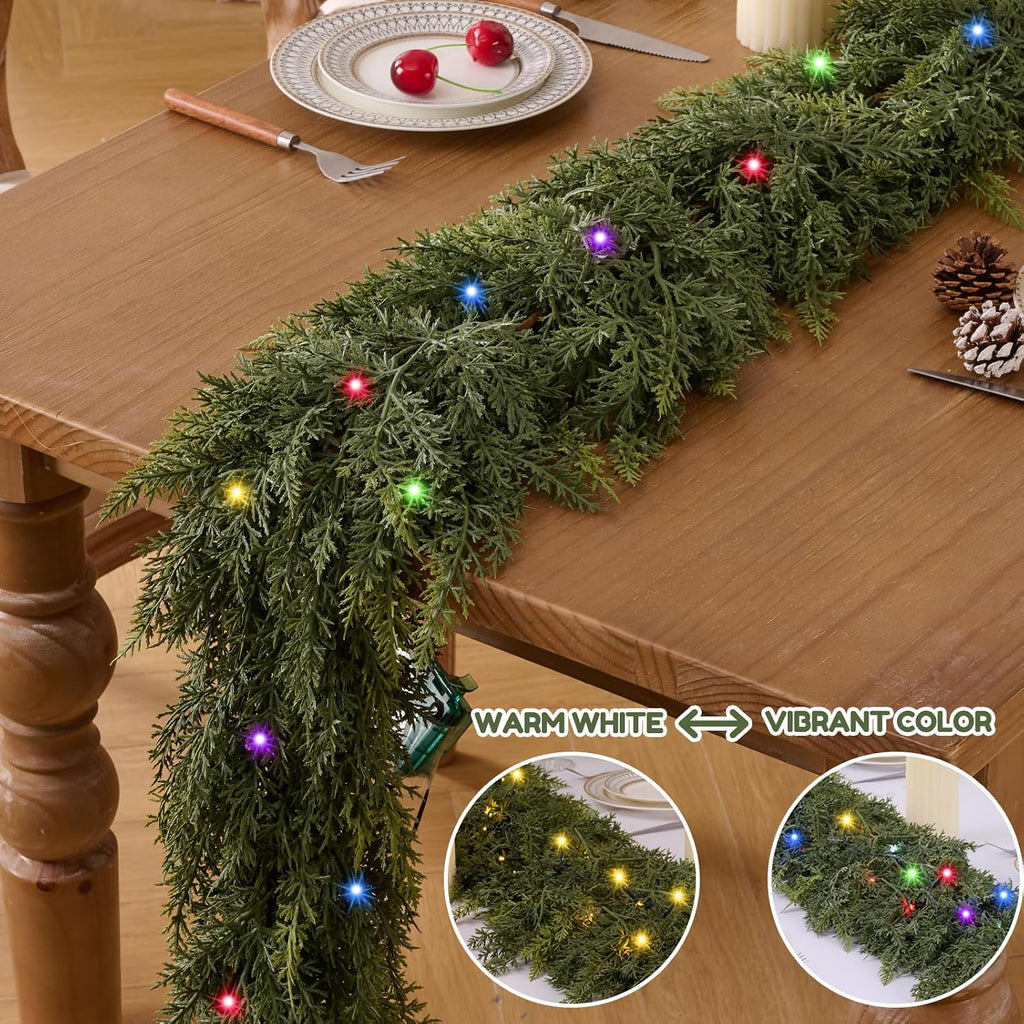 9FT 1Pcs Christmas Cedar Garland with Lights Realistic Faux Pine Garlands