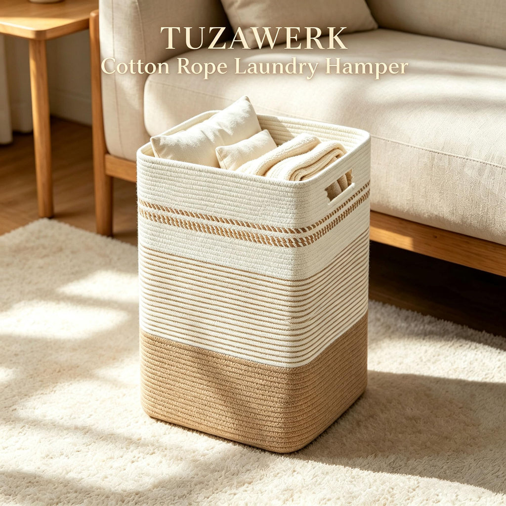 Rectangular Cotton Rope Laundry Hamper 60L Foldable Basket