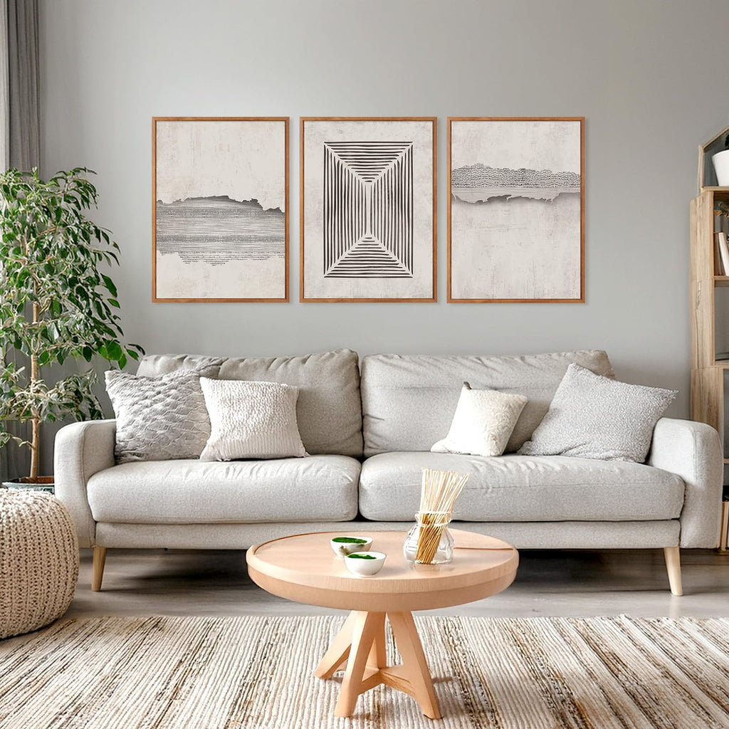 Abstract Minimalist Framed Canvas Wall Art Set Of 3, Modern Mid Century Wall Decor, Geometric Line Textured Inspired