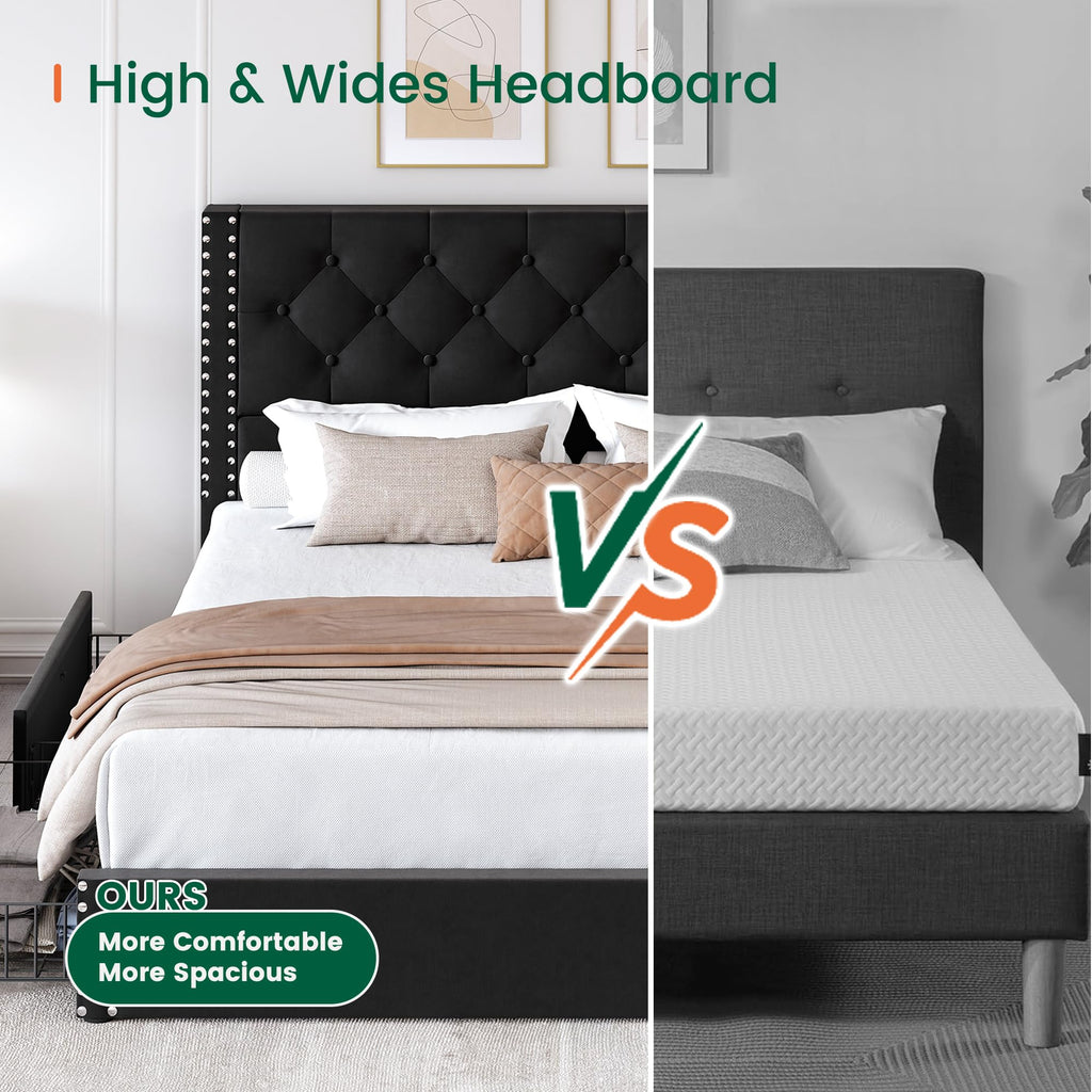 Queen Size Platform Bed Frame with 4 Storage Drawers and Tufted Headboard Upholstered Bed Frame with Heavy Duty Wood
