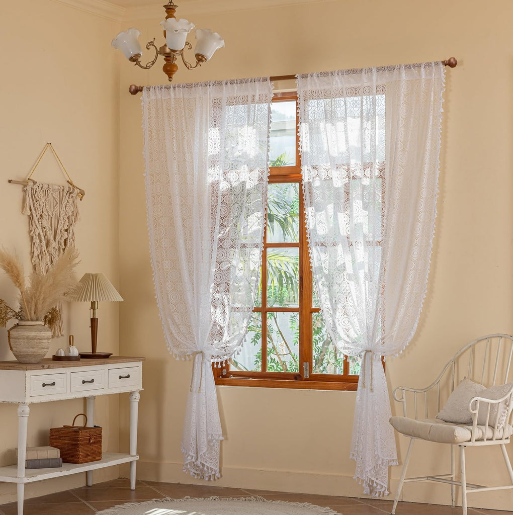 Boho Lace Curtains 72 inch, 2 Panels, White Sheer Window Panels