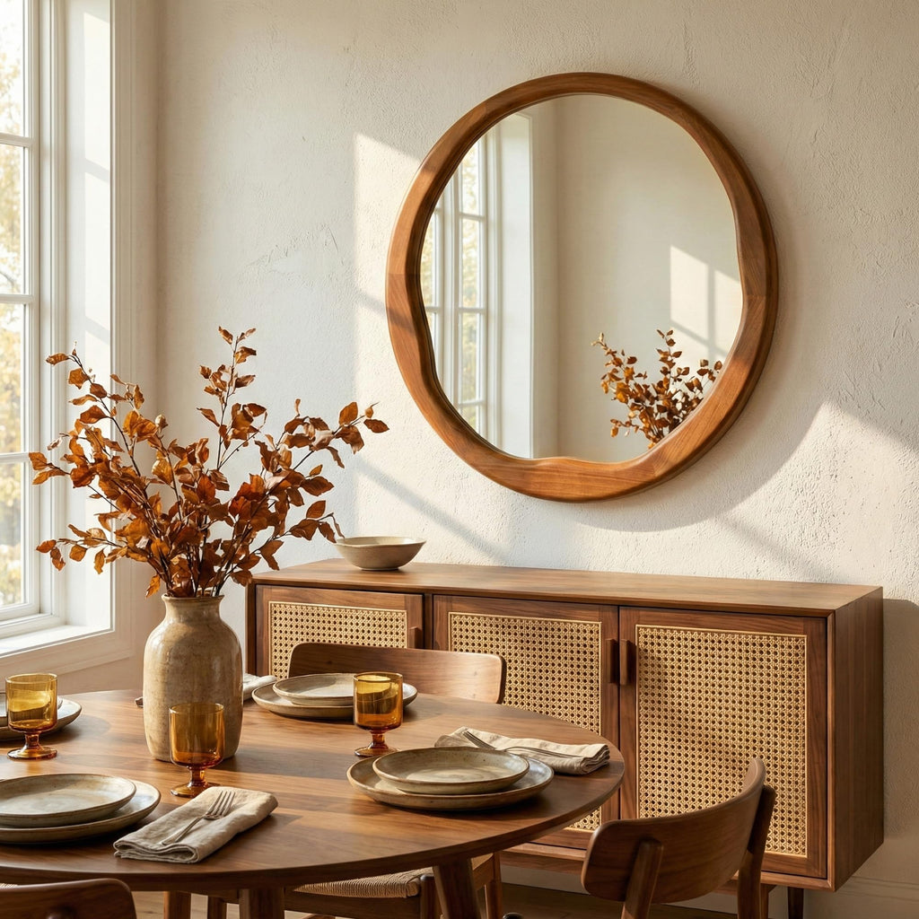 30 Inch Warm Walnut Round Wood Bathroom Mirror, Wavy Inner Edge