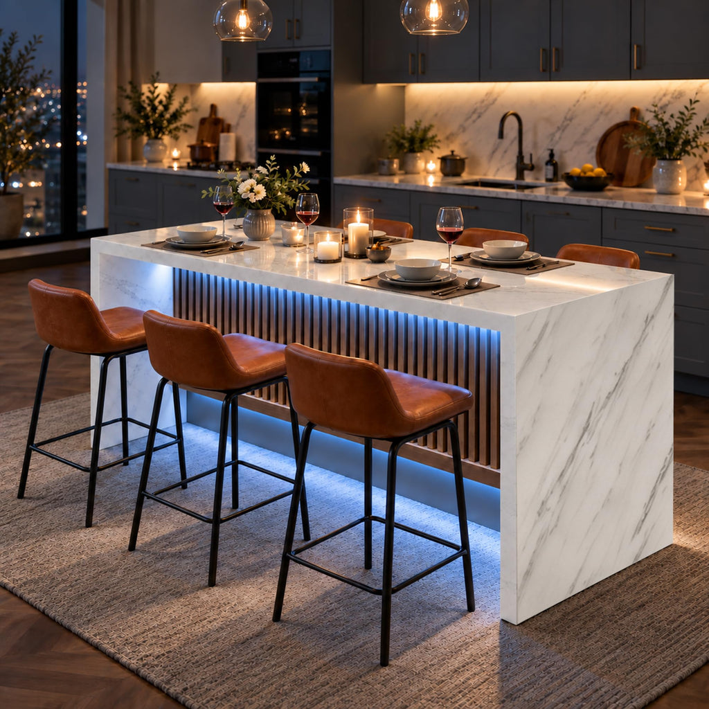 71" Kitchen Island Table with Faux Marble Top, 37.4''H Tall Modern Dining Table with LED Lights for 6 People