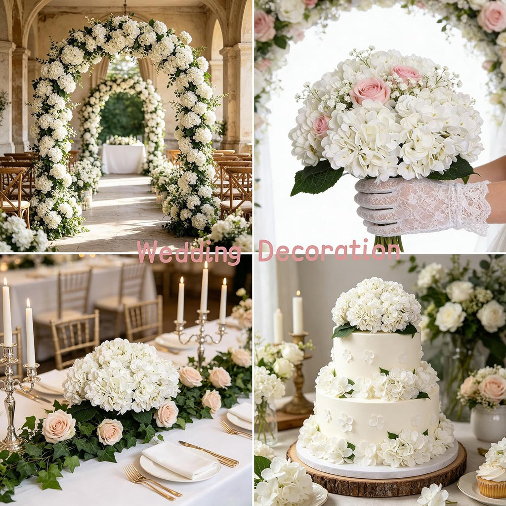 White Hydrangea Artificial Flowers Silk Fake Hydrangeas - Set of 6