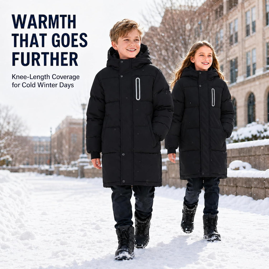 Girls Boys Winter Coat Kids Hooded Winter Jacket Long Puffer Coat