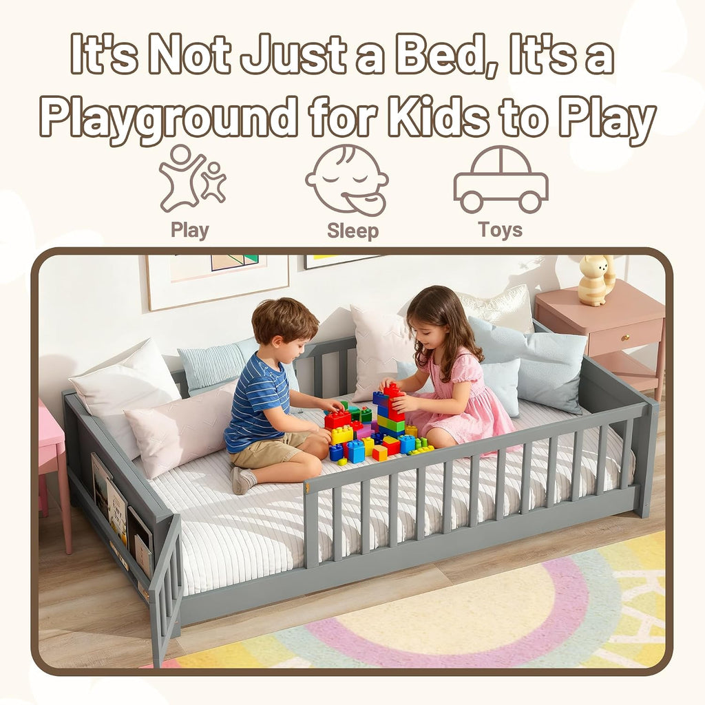 Toddler Floor Bed with High Rails, Wooden Montessori Bed Frame with Door & Built-in Book Rack, Twin Size Bed Frame
