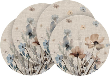Brown Poppy Floral Round Placemats, 14 Inch Washable Non-Slip Plastic Woven Plastic PVC Place Mats - Set of 4
