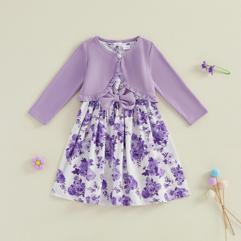 Girls Spring Dresses with Cardigan 2Pcs Floral Butterfly Dresses Long Sleeve Ruffle Coat for Girls