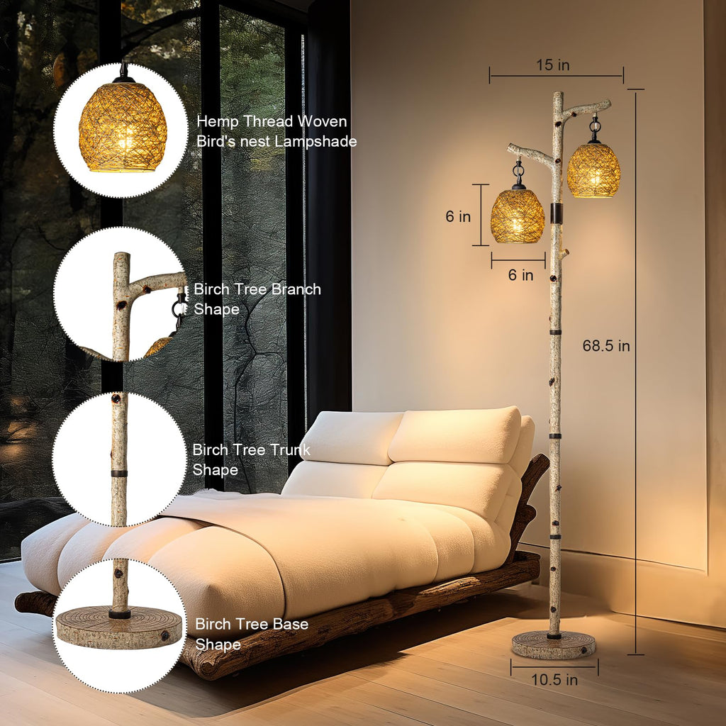68.5" Rustic Floor lamp with Remote Control, Bird Nest Lantern