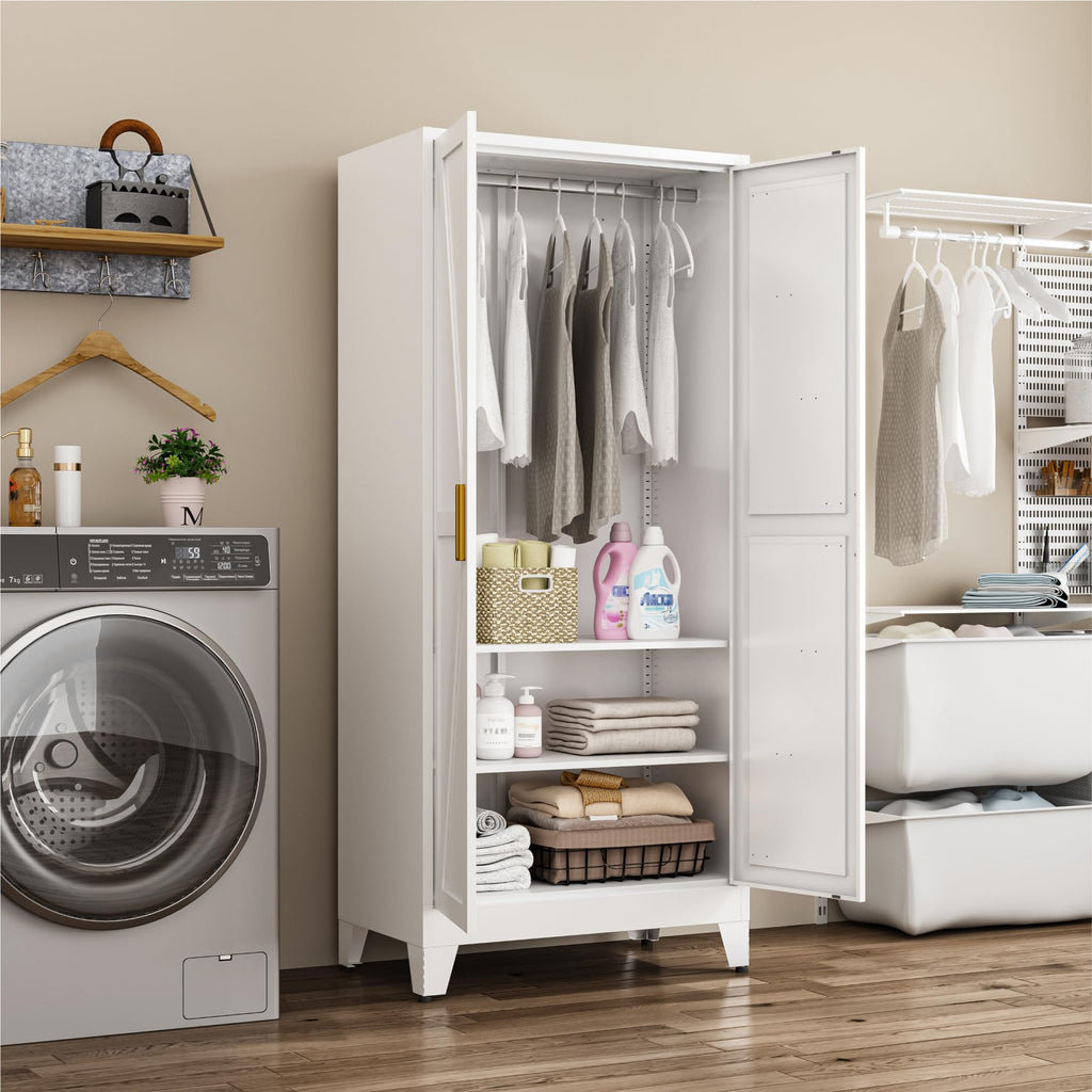 Metal Wardrobe Closet with Doors and Shelves, 71" Farmhouse Bedroom Armoire with Hanger Rod and Clothing Shelf, White