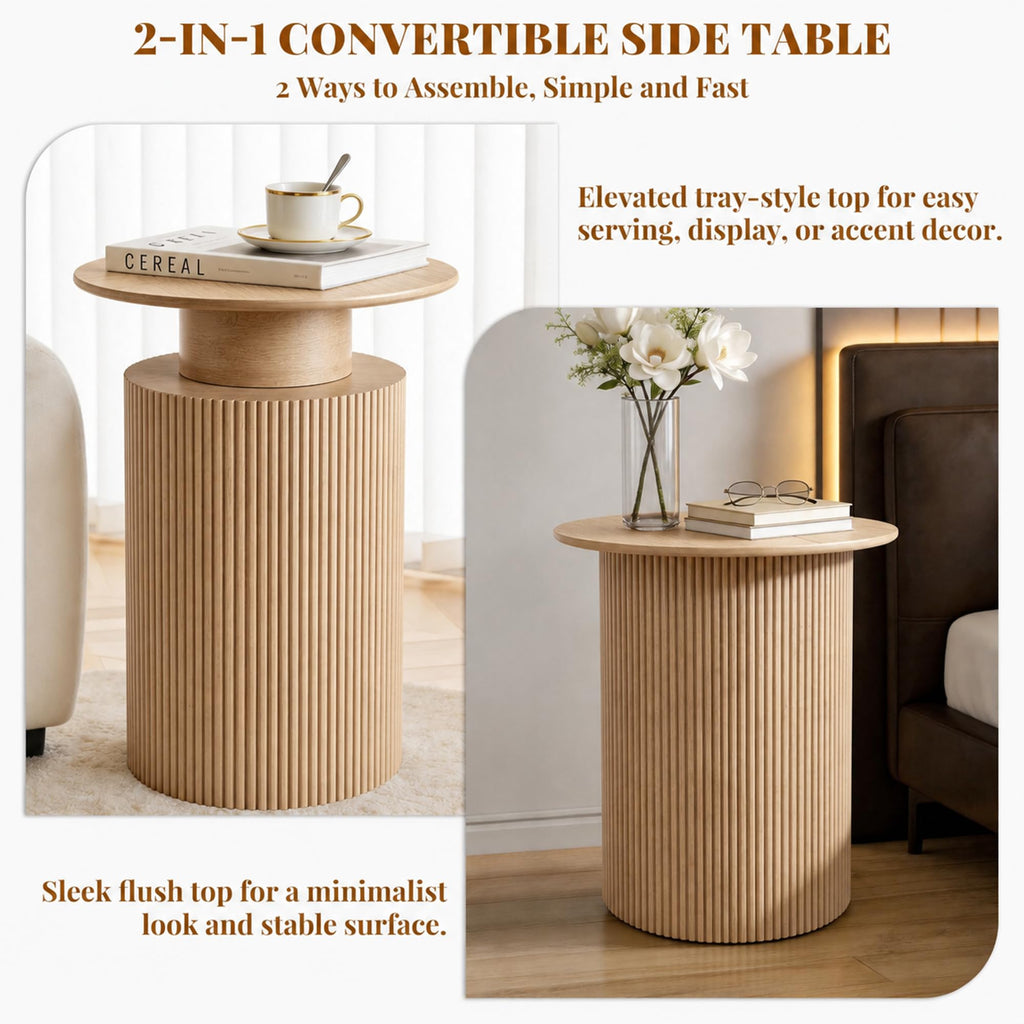 24" Fluted End Table Reversible, Hidden Storage, Natural Oak