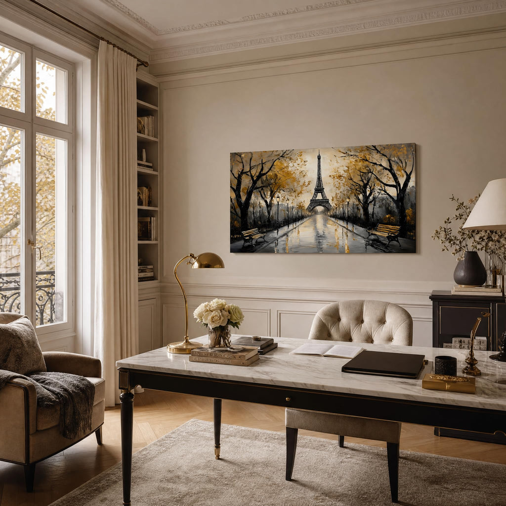 Romantic Paris Eiffel Tower Canvas Wall Black and Gold Cityscape Painting Print Gallery Wrapped Vintage City Artwork
