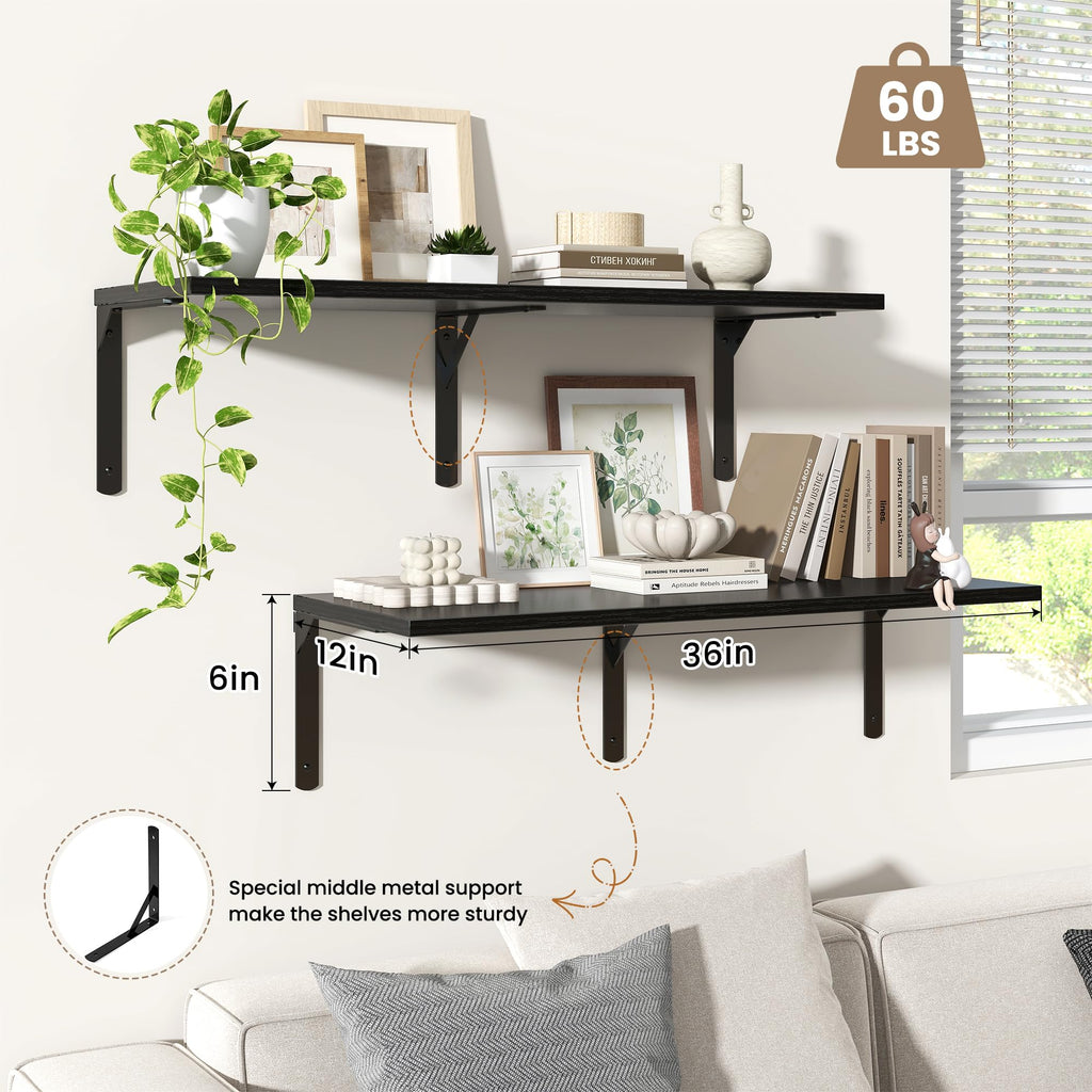 Floating Shelves for Wall, 12 Inch Deep Floating Shelves Set of 2, Wall Mounted Shelf with Metal Brackets, Rustic
