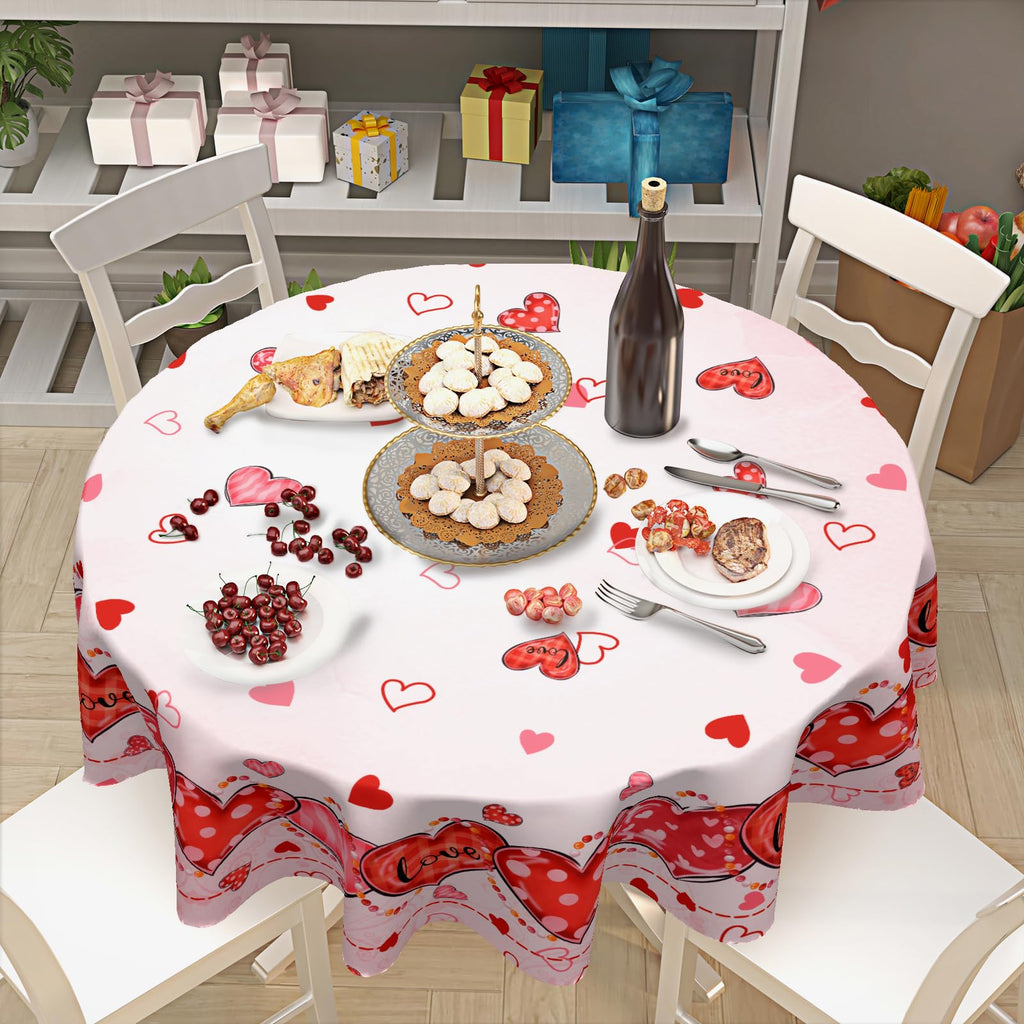 Valentine's Day Tablecloth Round 70 Inch Pink Love Hearts Table Cloth Farmhouse Valentines Table Cover Dinner Room