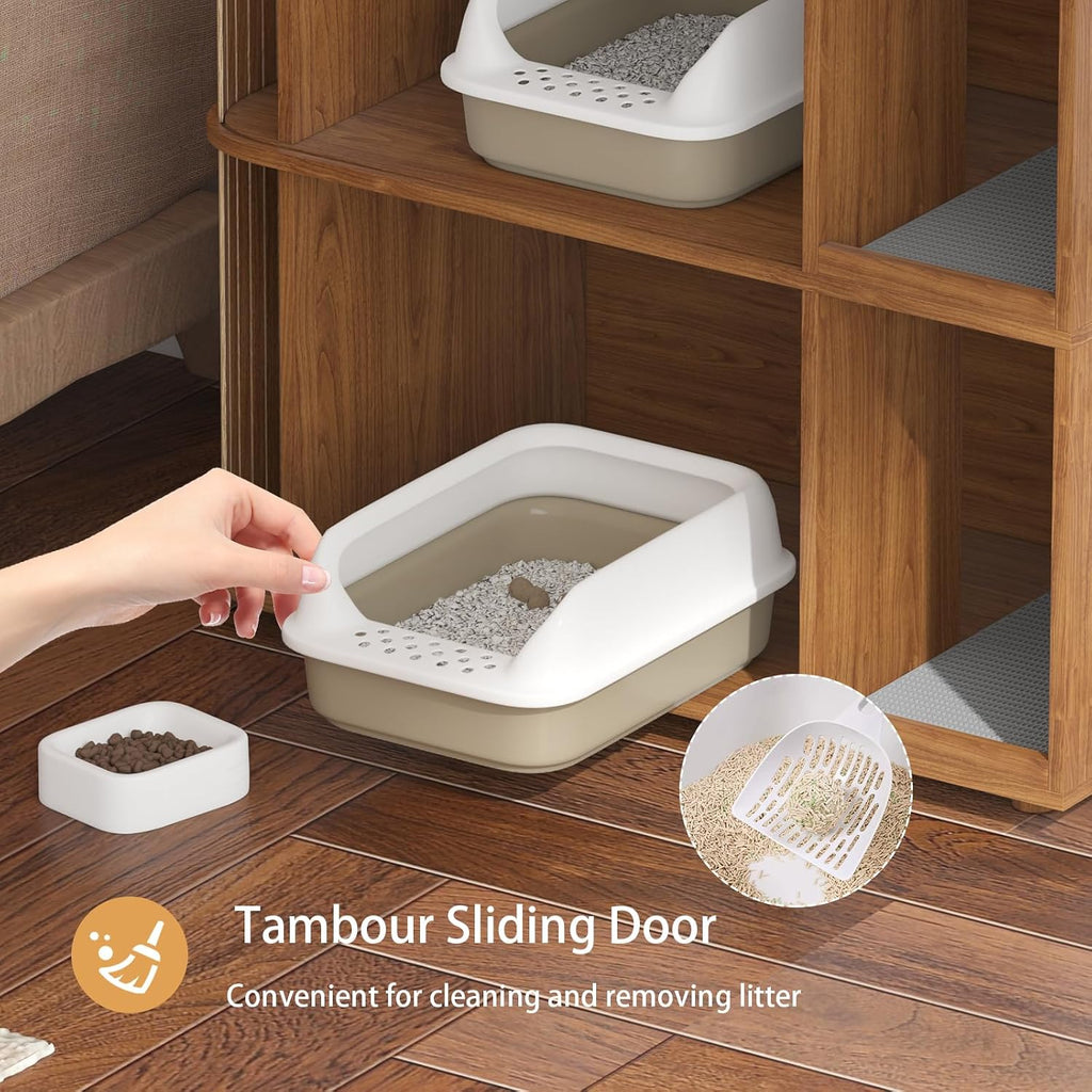 Double Cat Litter Box Enclosure with Sliding Doors & Ventilation, Walnut