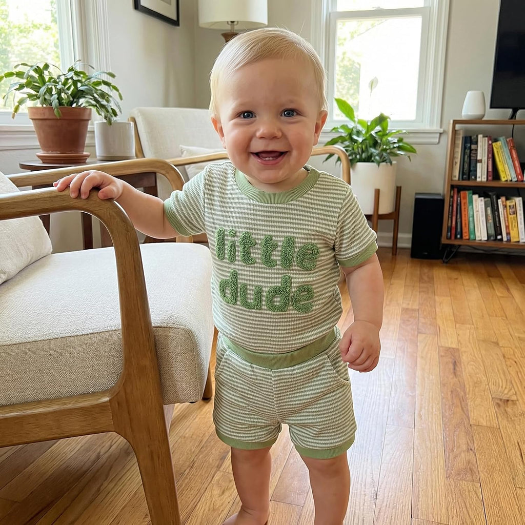 Little Dude Baby Boy Outfit Summer Waffle Romper Shorts Set
